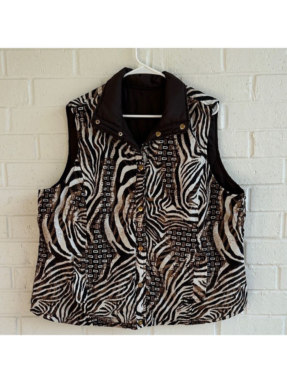 Casual Identity  Zebra Print Button-Up Reversible Vest Size 2X Black Brown White